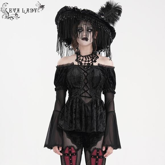 Devil Fashion Gothic Victorian Vampire Black Velvet Rose Princess Peplum Top - Picture 8 of 16